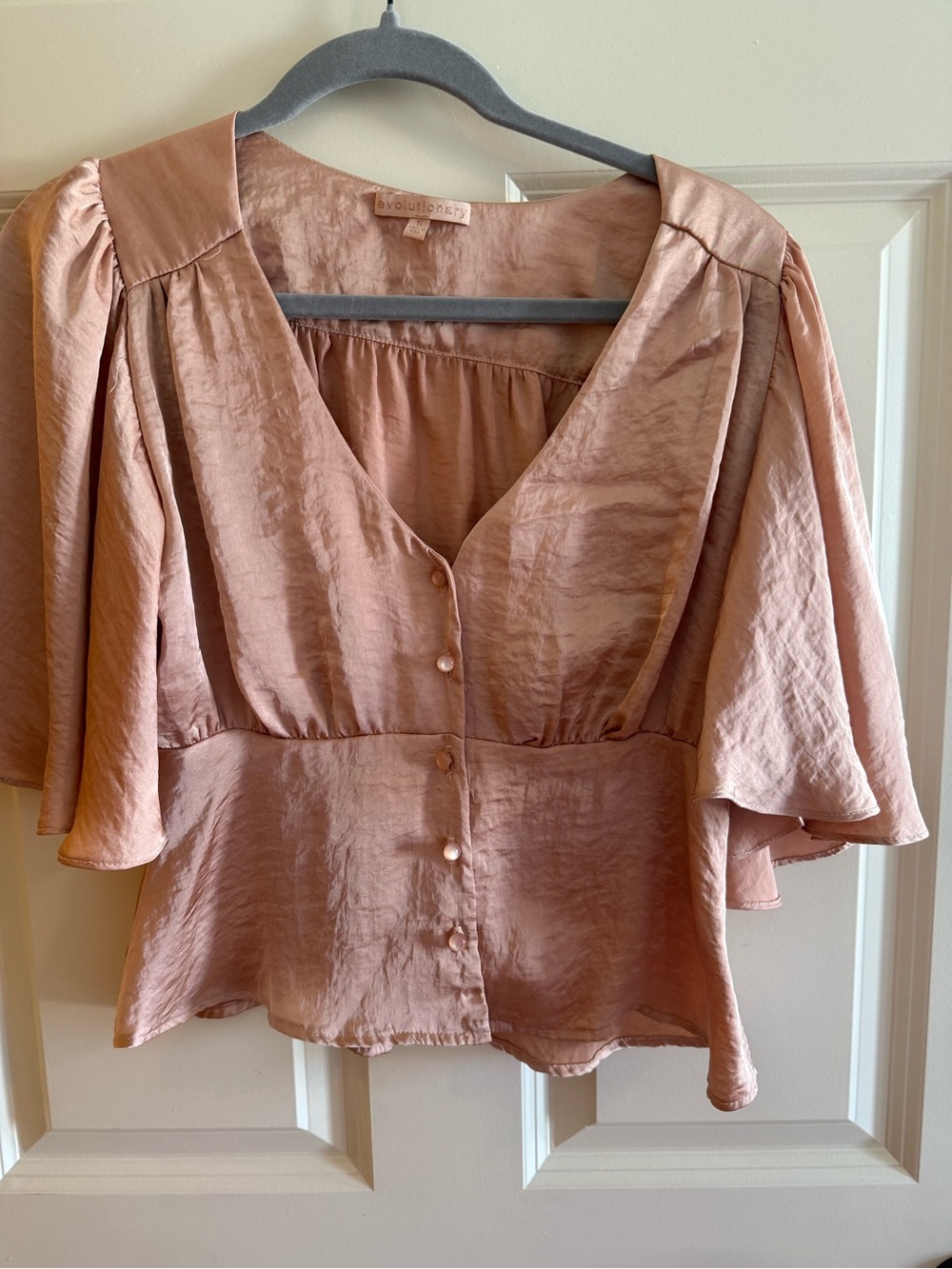 Blush Pink Satin Peplum Button-Front Blouse